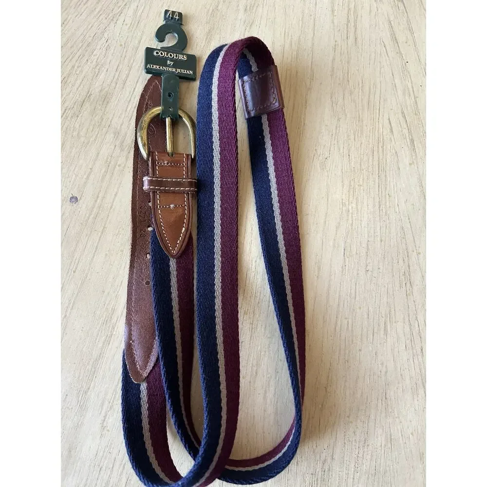 2* VTG Golf Belt Men 42/44 Burgundy Blue Stripe Canvas Brown Leather Colours R